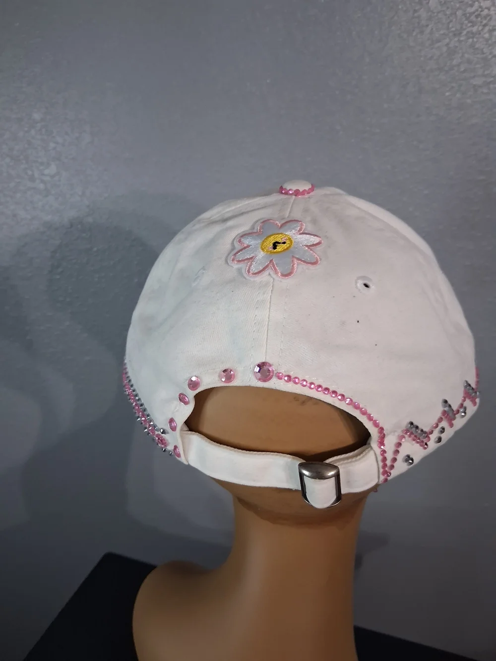 Hand Crafted White Pink Embellished Baseball Cap